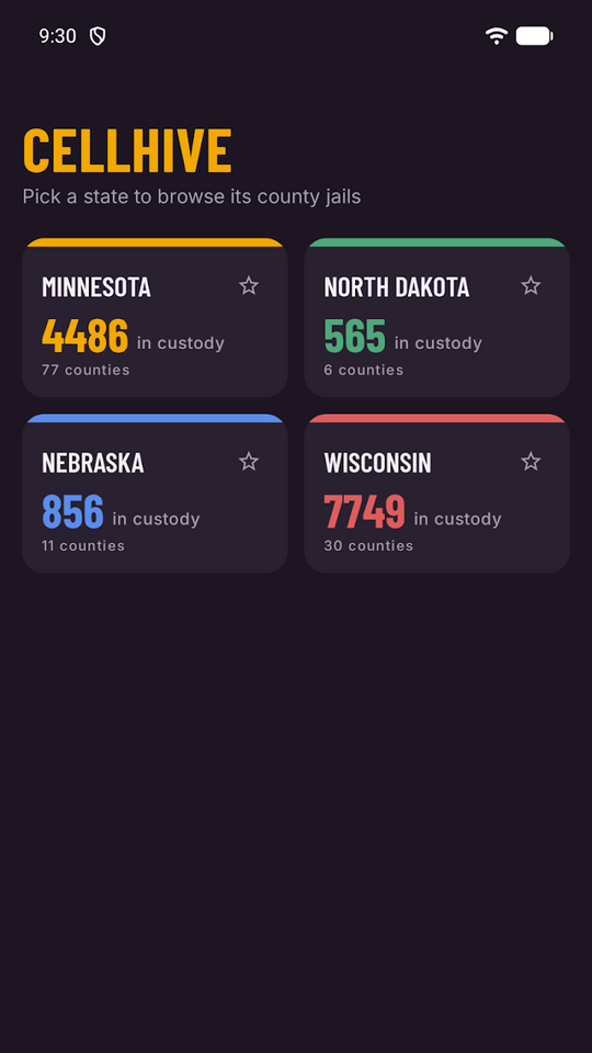 State picker showing all thirteen covered states with how many people are in custody in each