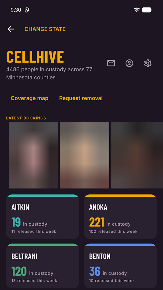 Home screen with the latest bookings and county cards