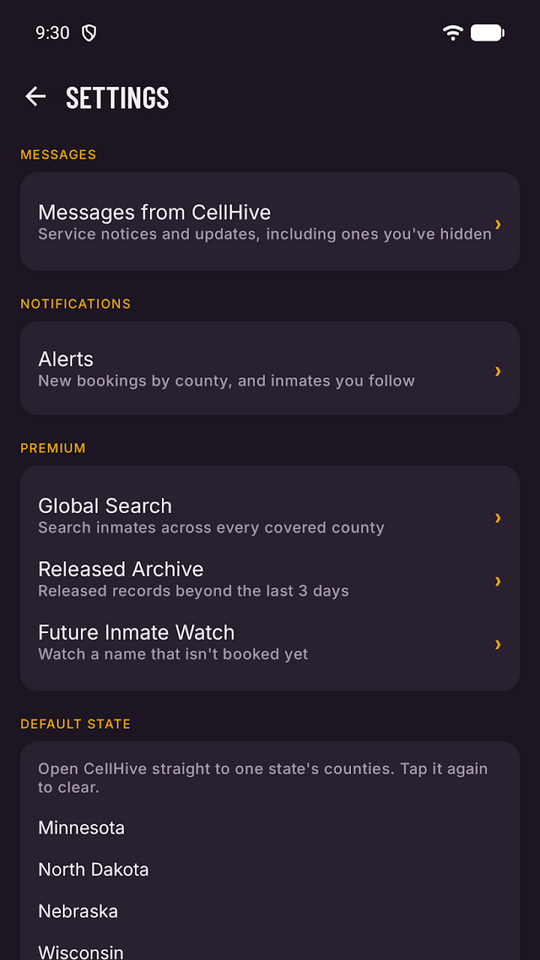 Settings screen with alerts, premium tools and a default state