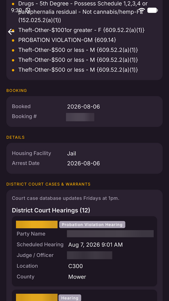 A booking record with charges, booking details and court hearings